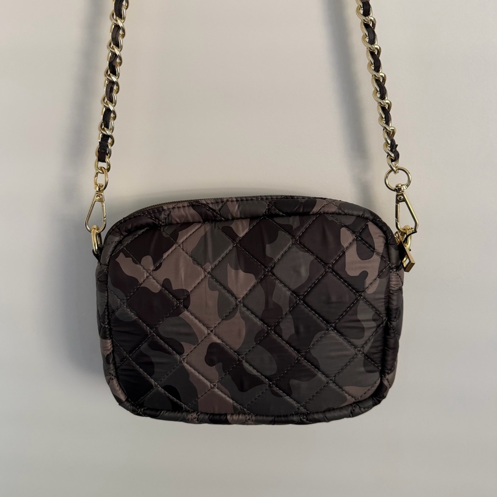 Quilted Camo Crossbody Bag with Gold Chain Strap